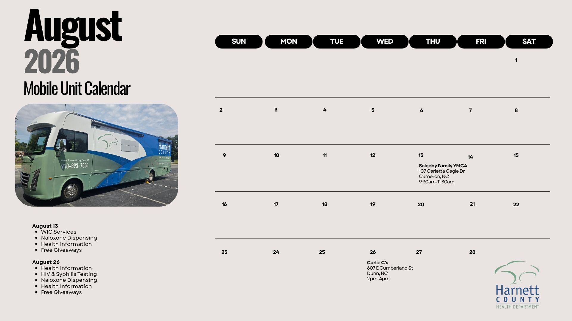 August 2026 Mobile Unit Calendar