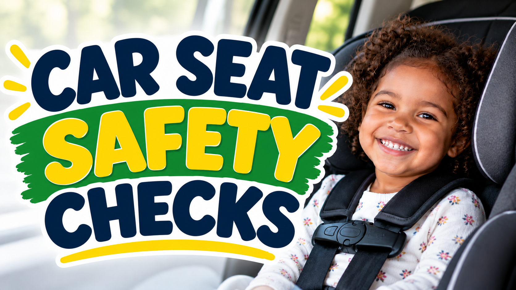 small child in car seat. Text states car seat safety checks