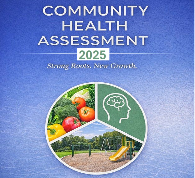 graphic that states community health assessment 2025. Picture of produce, playground, and head