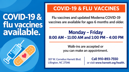 Graphic with blue background. Text states COVID-19 and flu vaccines available