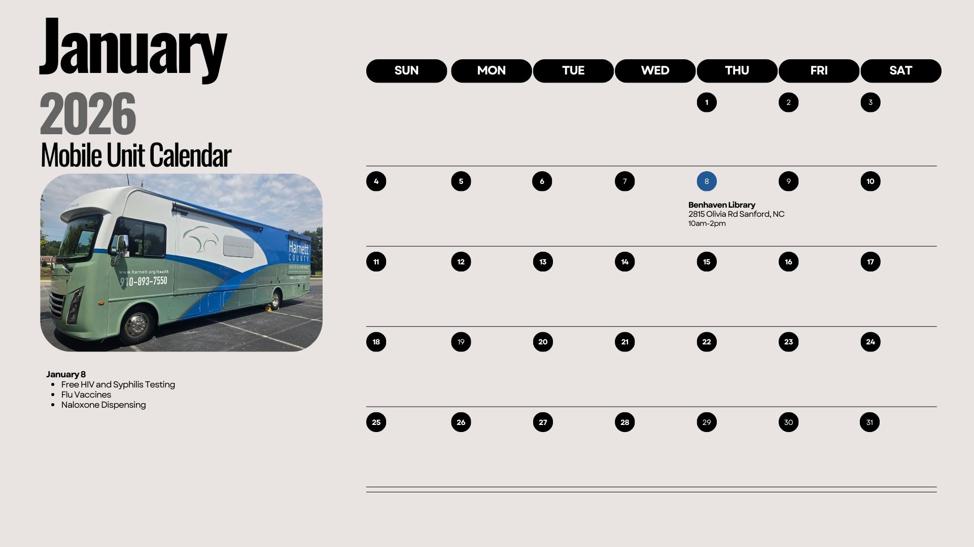 A calendar of the mobile medical unit