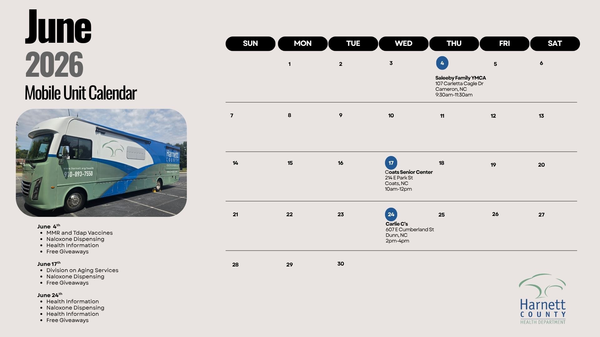 June 2026 Mobile Unit Calendar