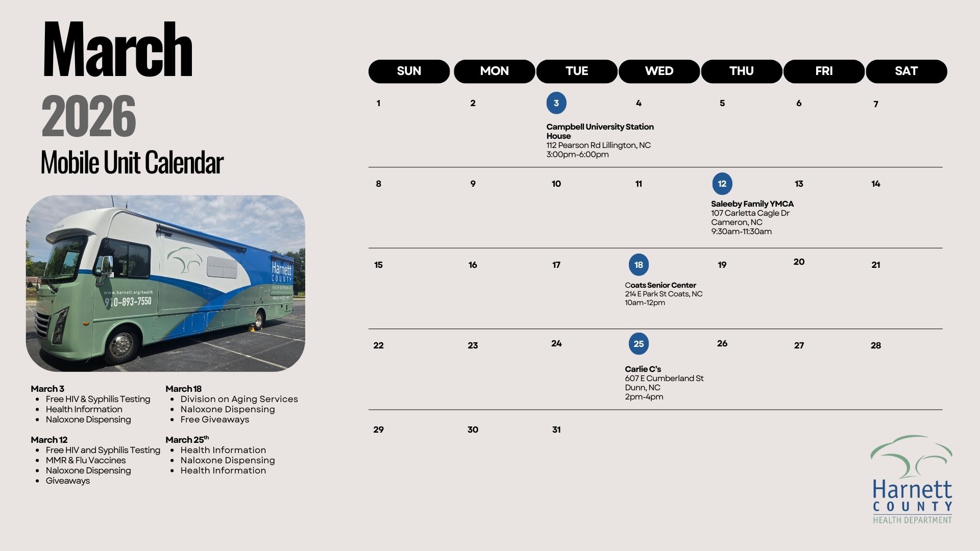 March 2026 calendar. Mobile Medical Unit