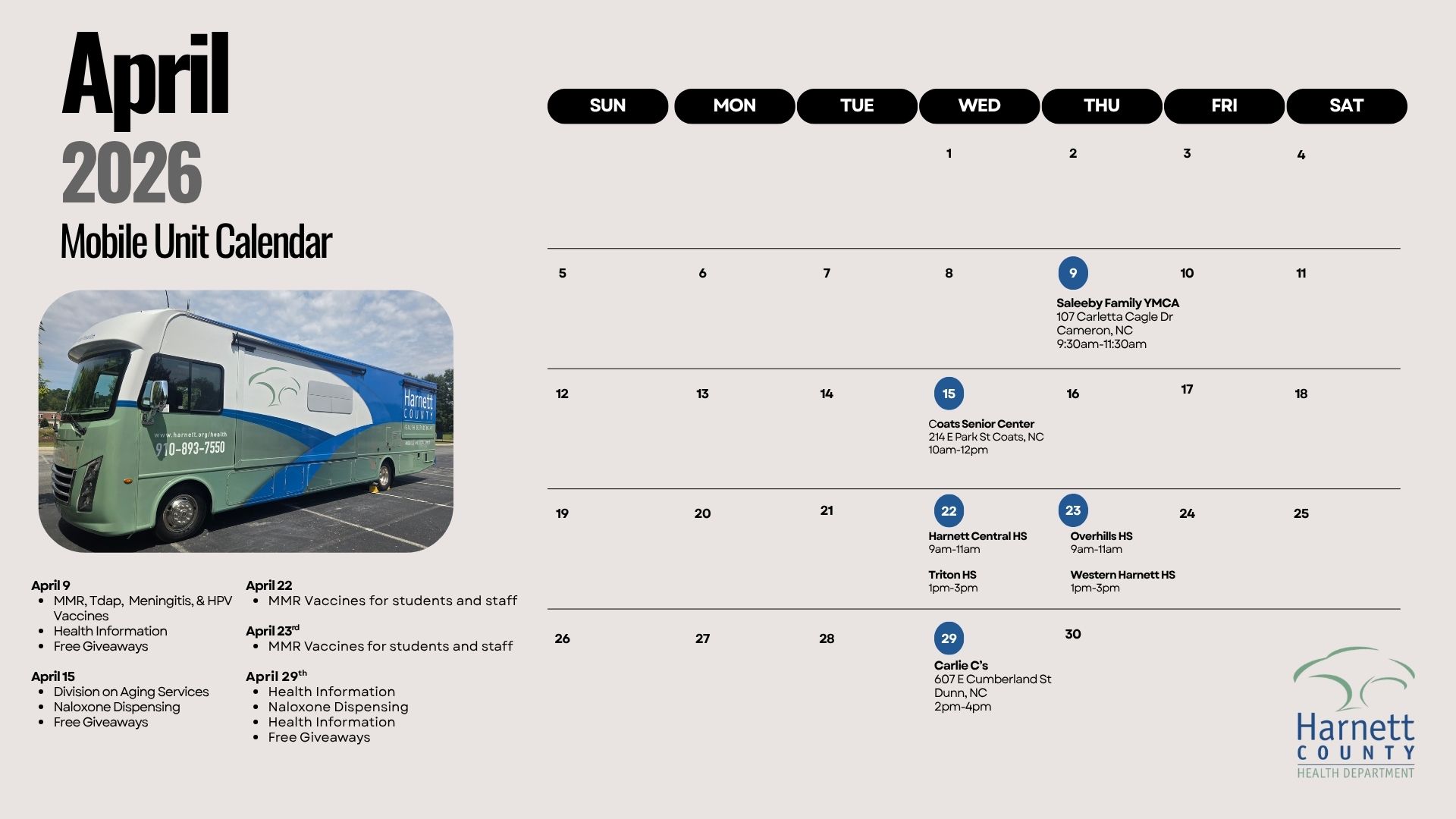 April 2026 calendar for Mobile Medical Unit