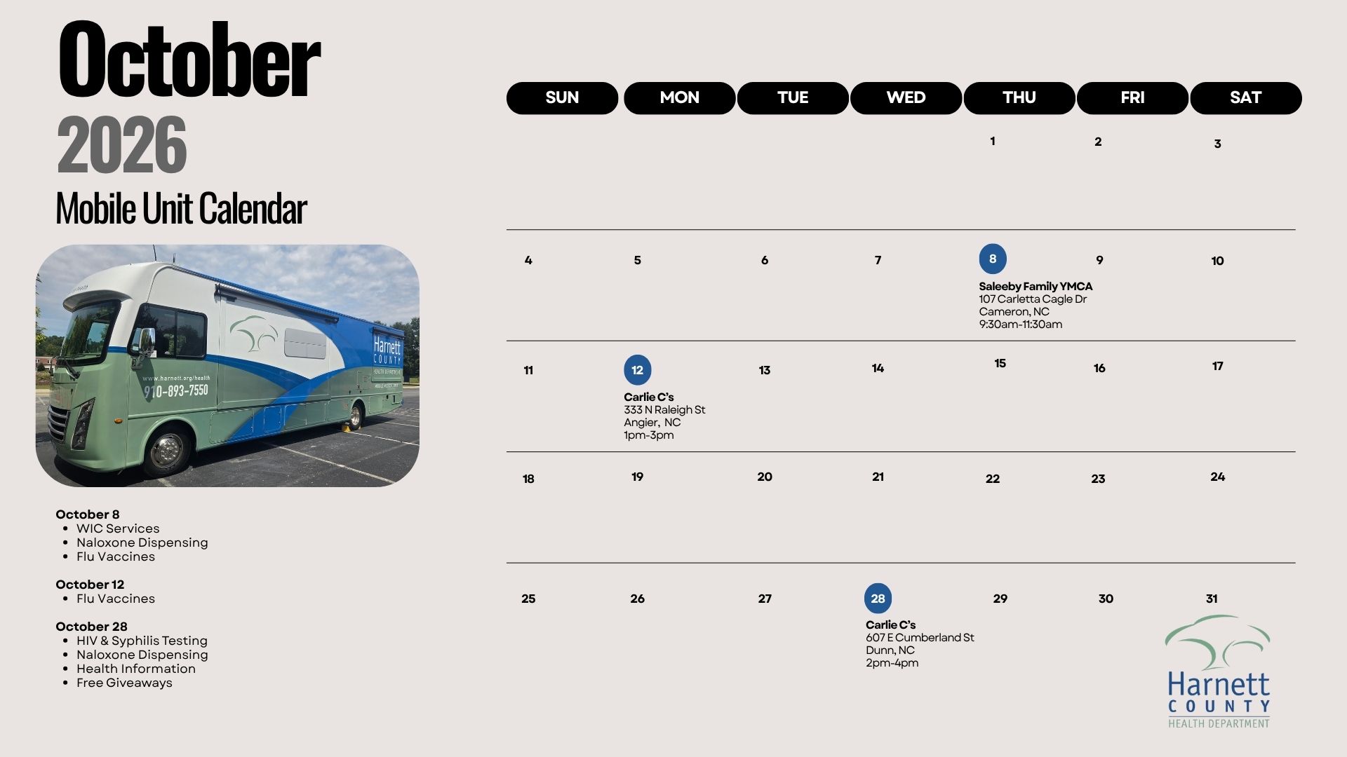 Mobile Medical Unit calendar