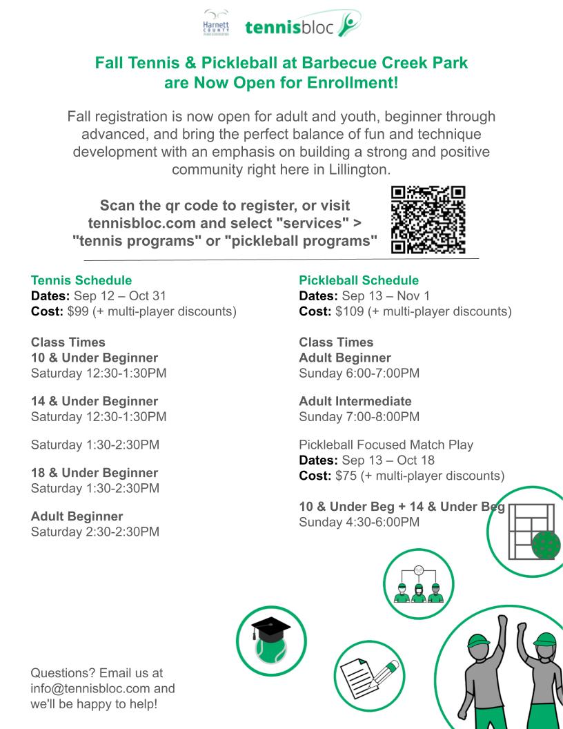 Pickleball & Tennis Clinics- Fall 2026- Barbecue Creek Park