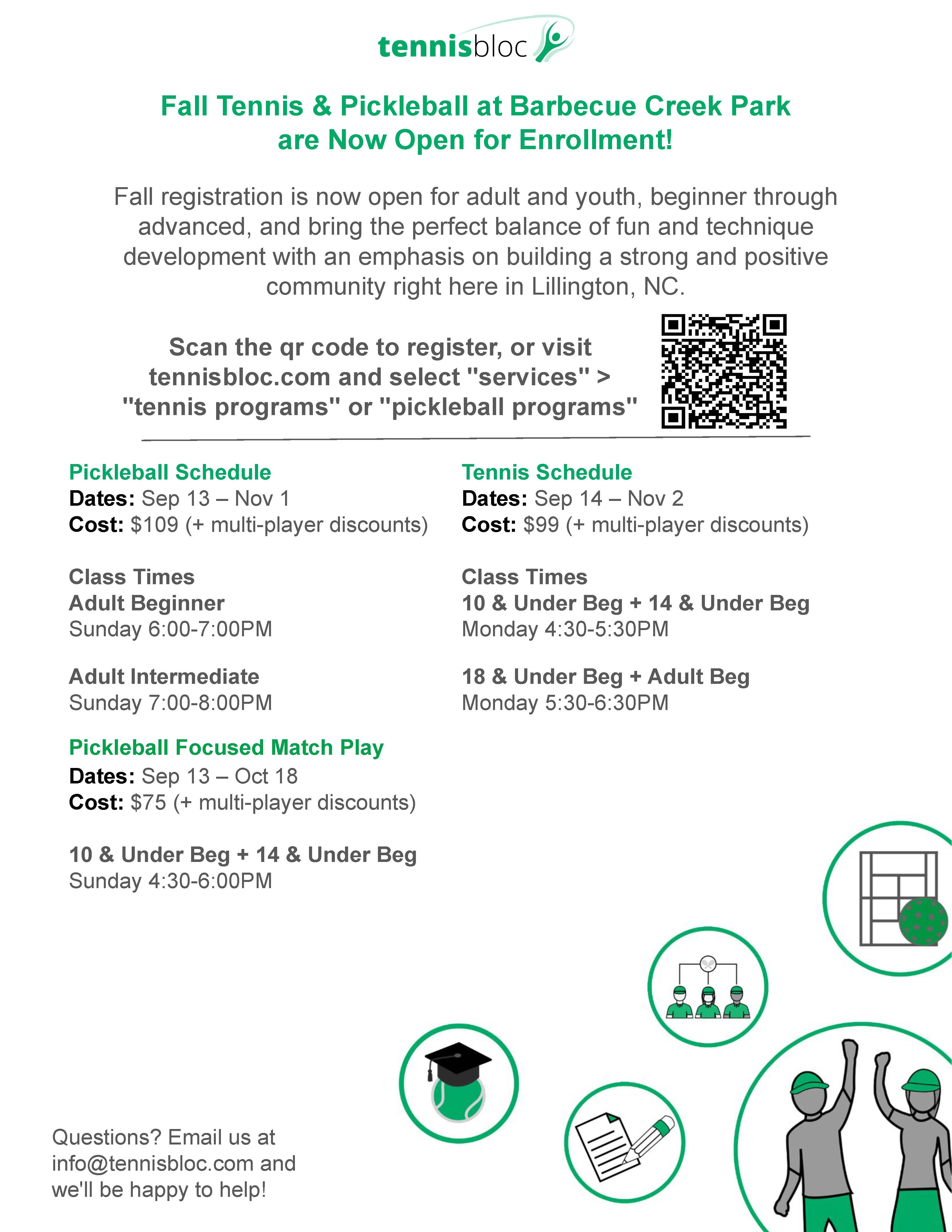 Info about Tennisbloc Tennis and Pickleball offerings at Barbecue Creek Park in Lillington, NC.