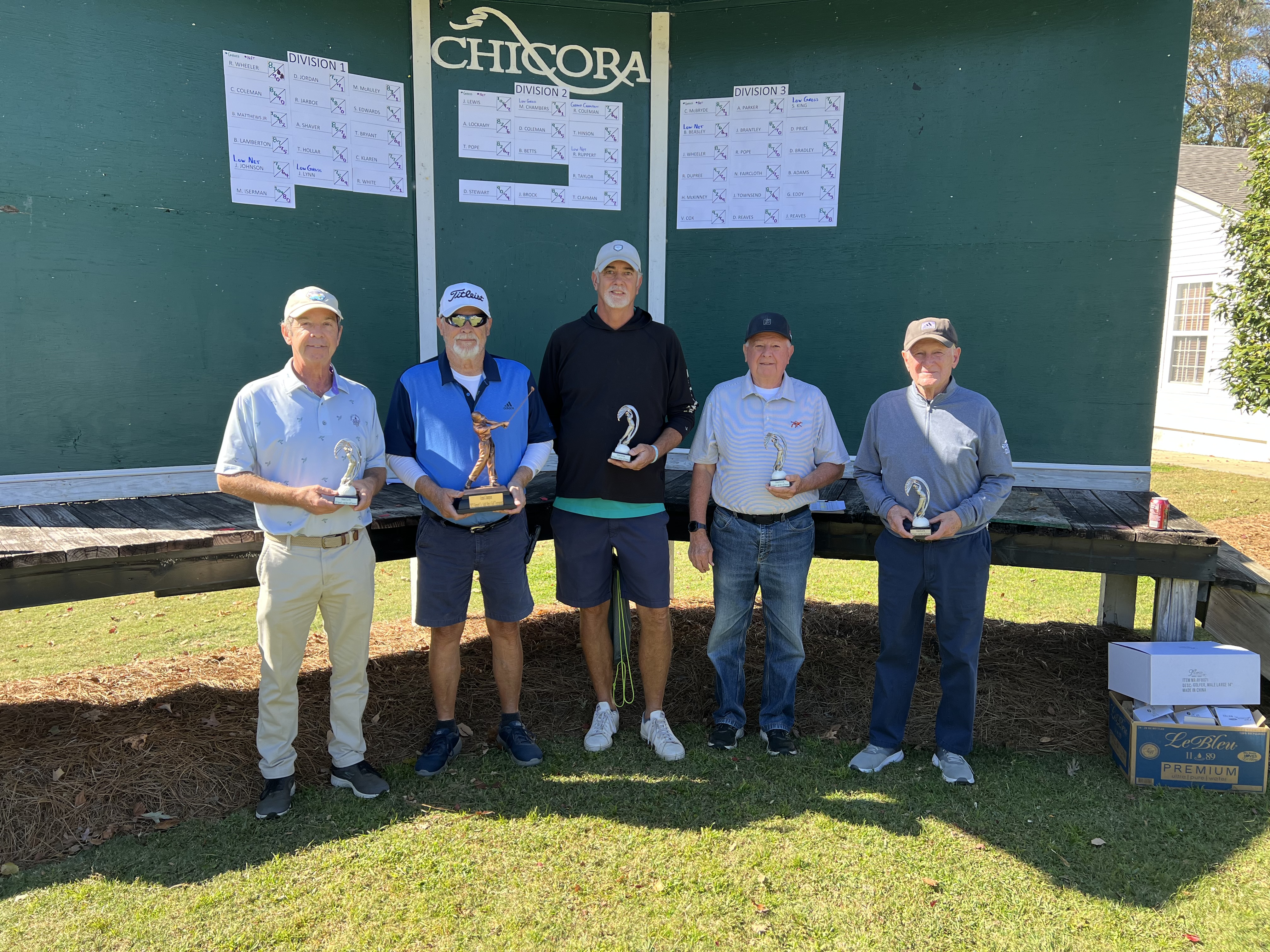 Picture of 5 winners holding trophies.
