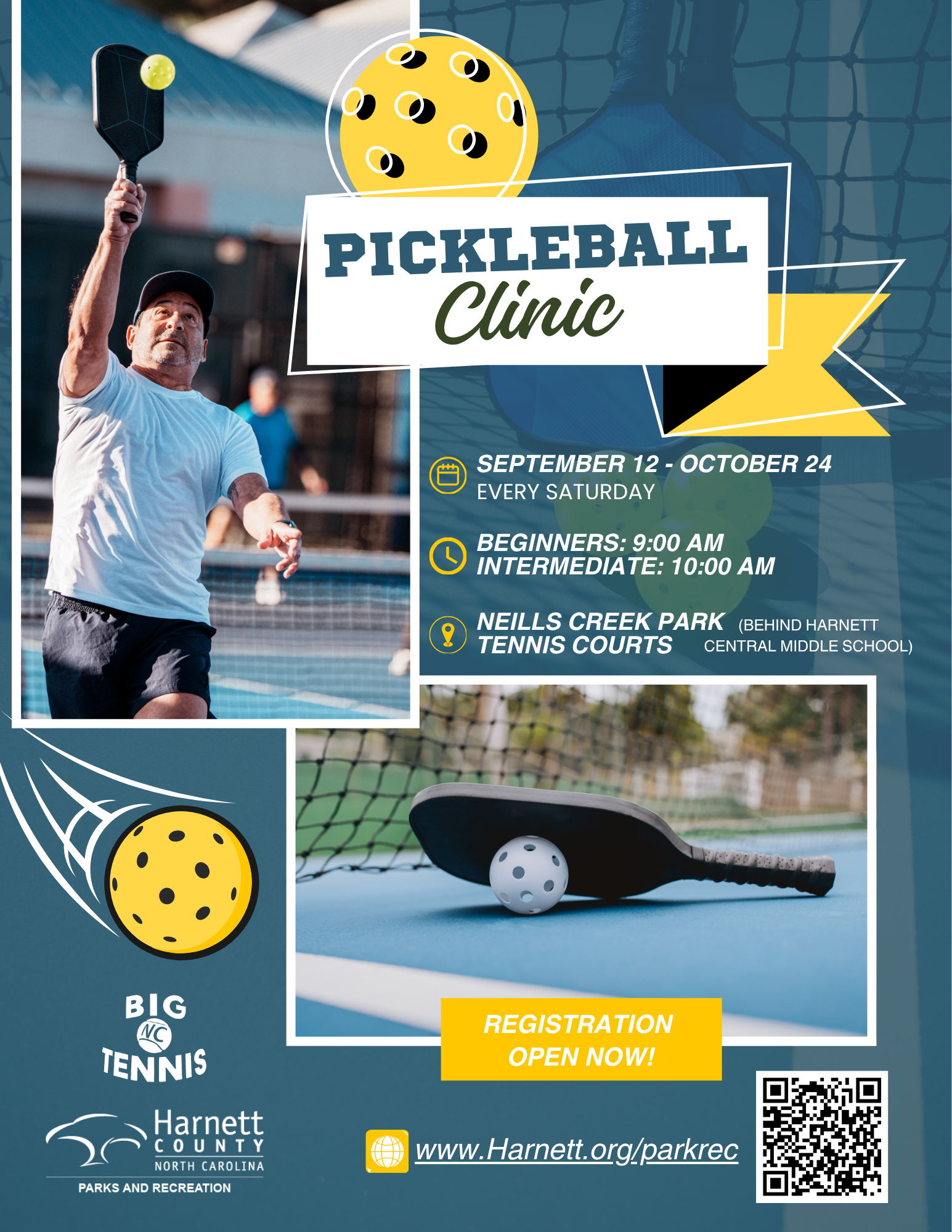 Registration and date info for Pickleball Clinics offered at Neills Creek Park this fall.