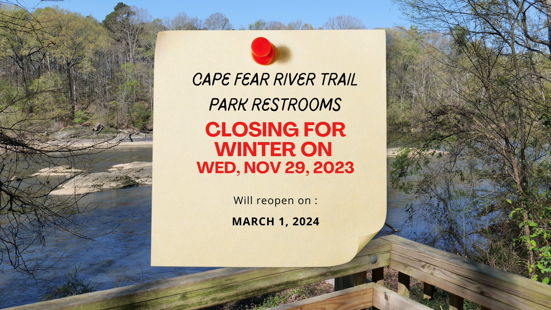 Cape Fear River Trail Park Restroom Closure Winter 2023