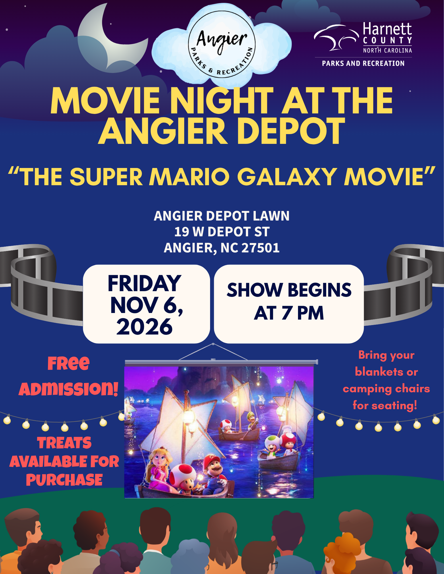 A graphic for Movie Night at the Angier Depot on Nov 6, 2026- Movie is Super Mario Galaxy Movie