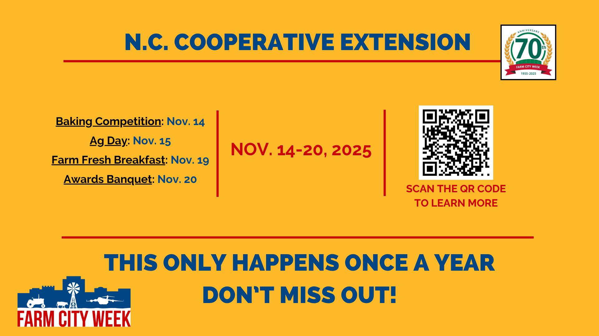 Title reads N.C. Cooperative Extension. Provides dates of various events. Has the Farm City Logo. 