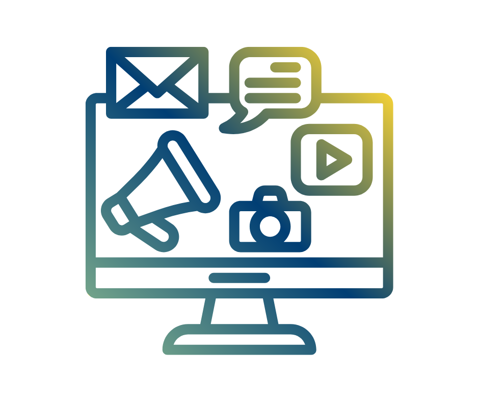 Connected icons including various icons such as laptop, email, camera, megaphone, and message