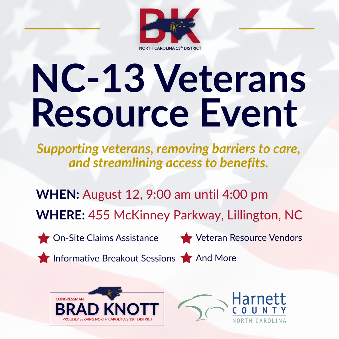 Picture of American Flag in background. Title reads NC-13 Veterans Resource Event. Provides date, time, and location for the event. Has logo of Bradd Knott office and Harnett County Government